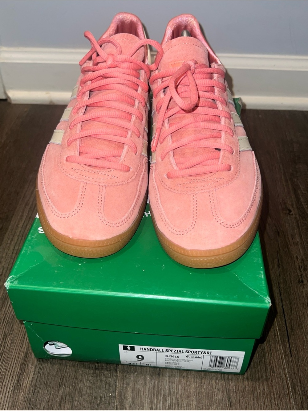 Adidas Sporty and Rich Pink Suede Handball Spezial with Cream Stripes